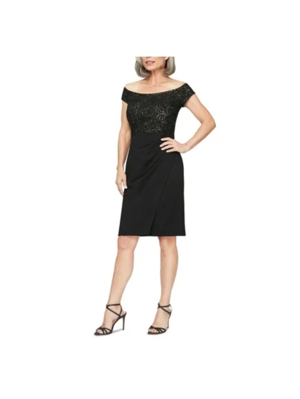 Alex Evenings Black Cocktail Dress Sequined Lace Cap Short Sleeve Sheath Size 8